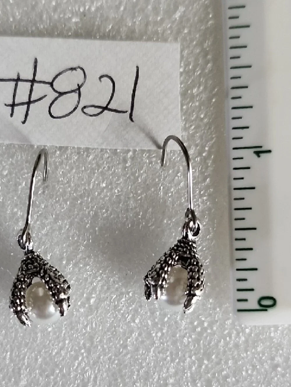 Silver-Tone Pearl Drop Earrings with Dragon Claw Accent - White